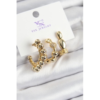 Pirinç Zİrkon Taşlı Halka Model Gold Renk 3lü Kadın Küpe - Lisinya