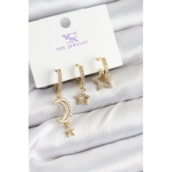 Pirinç Zİrkon Taşlı Ay Ve Hilal Model Gold Renk 3lü Kadın Küpe - Lisinya