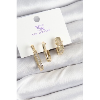 Pirinç Zİrkon Taşlı Yıldız Model Gold Renk 3lü Kadın Küpe - Lisinya