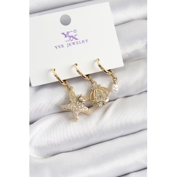 Pirinç Zİrkon Taşlı Deniz Yıldızı Ve İstiridye Model Gold Renk 3lü Kadın Küpe - Lisinya