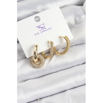 Pirinç Zİrkon Taşlı Halka Model Gold Renk 3lü Kadın Küpe - Lisinya