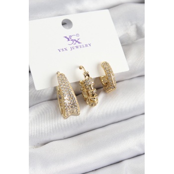 Pirinç Zİrkon Taşlı Halka Model Gold Renk 3lü Kadın Küpe - Lisinya