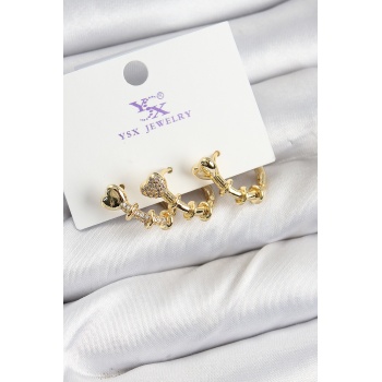 Pirinç Zİrkon Taşlı Kalp Model Gold Renk 3lü Kadın Küpe - Lisinya