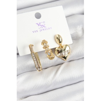 Pirinç Zİrkon Taşlı Kalp Model Gold Renk 3lü Kadın Küpe - Lisinya