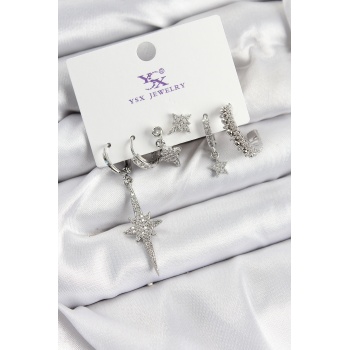 Pirinç Zİrkon Taşlı Kutup Yıldızı Model Gümüş Renk 3lü Çift Kadın Küpe - Lisinya