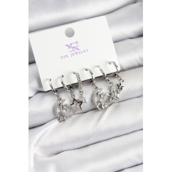 Pirinç Zİrkon Taşlı Ay ve Yıldız Model Gümüş Renk 3lü Çift Kadın Küpe - Lisinya