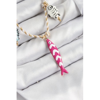 Seramik Motifli Pembe Balık Figürlü Model Krem İp Kadın Kolye - Lisinya