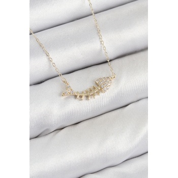 Pirinç Zirkon Taşlı Balık Kılçığı Model Gold Renk Kadın Kolye - Lisinya