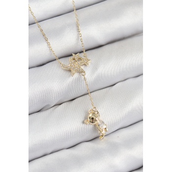 Pirinç Zirkon Taşlı Sallantılı Ayıcıklı Yıldız Model Gold Renk Kadın Kolye - Lisinya