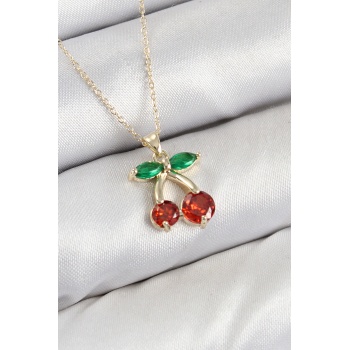 Pirinç Zirkon Taşlı Kiraz Model Gold Renk Kadın Kolye - Lisinya