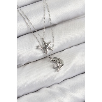 Pirinç Zirkon Taşlı Yıldız Ve Ay Model Gümüş Renk Kadın Kolye - Lisinya