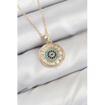 Pirinç Zirkon Taşlı Su Yolu Nazar Model Gold Renk Kadın Kolye - Lisinya