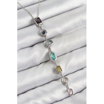 Pirinç Renkli Zirkon Taşlı Model Gümüş Renk 7 Element Kadın Y Kolye - Lisinya