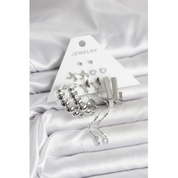 Gümüş Renk Pirinç 6lı Kadın Küpe Seti - Lisinya