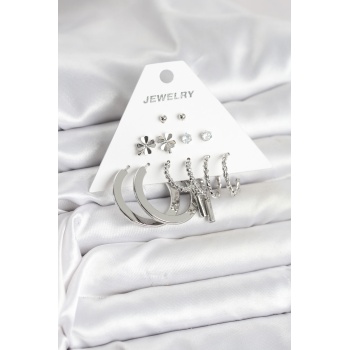 Pirinç Gümüş Renk 6 Çift Kadın Küpe Seti - Lisinya