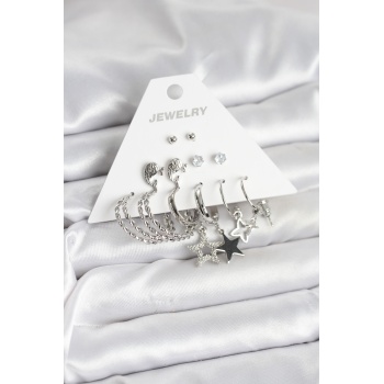 Pirinç Gümüş Renk 6lı Kadın Küpe Seti - Lisinya