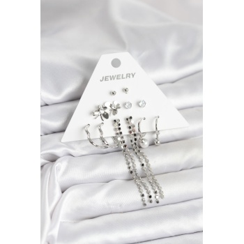 Pirinç Gümüş Renk 6 Çift Kadın Küpe - Lisinya