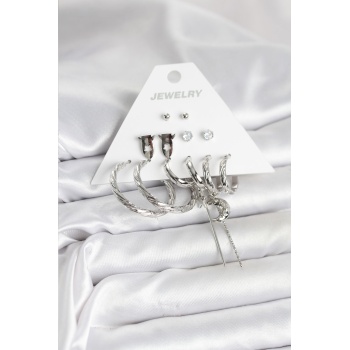 Gümüş Renk Pirinç 6lı Kadın Küpe Seti - Lisinya