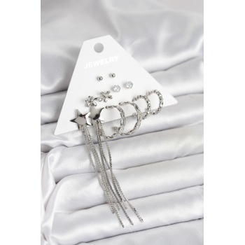 Gümüş Renk Pirinç 6 Çift Kadın Küpe Seti - Lisinya