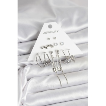 Gümüş Renk 6lı Pirinç Küpe Seti - Lisinya