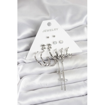 Gümüş Renk Pirinç 6lı Kadın Küpe Seti - Lisinya