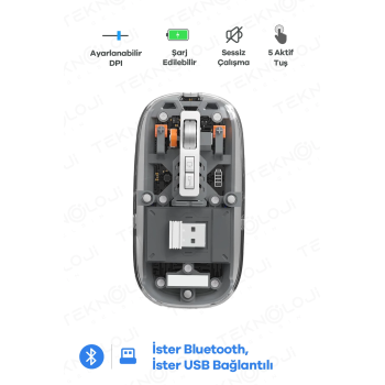 Bluetooth Usb Çift Modlu Sessiz Mouse, Şeffaf Mıknatıslı Kapaklı, Type-c Şarjlı, Dpı Ayarlı, Kablosuz 10m Çekim Mesafeli, Masaüstü Kısayol Tuşlu, Taşınabilir Şarjlı Mouse Siyah ( Lisinya )