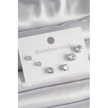 316L Çelik Gümüş Renk Zirkon Taşlı Kalp Model Kadın Küpe Seti - Lisinya