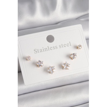 316L Çelik Gold Renk Zirkon Taşlı Yıldız Model Kadın Küpe Seti - Lisinya