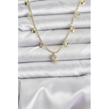Zirkon Taşlı Kutup Yıldızı Model Pirinç Gold Renk Kadın Kolye - Lisinya