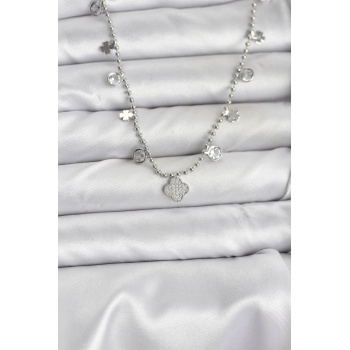 Pirinç Gümüş Renk Yonca Model Kadın Kolye - Lisinya