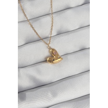 316L Çelik Zincir Gold Renk Renkli Zirkon Taşlı Kalp Kolye - Lisinya