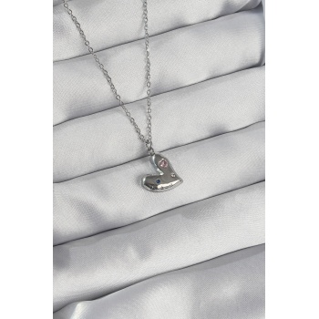 316L Çelik Zincir Gümüş Renk Renkli Zirkon Taşlı Kalp Kolye - Lisinya