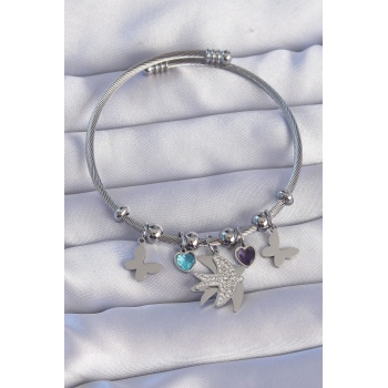 316L Çelik Gümüş Renk Zirkon Taşlı Kuş Tasarımlı Kelebek Detay Charm Bileklik - Lisinya