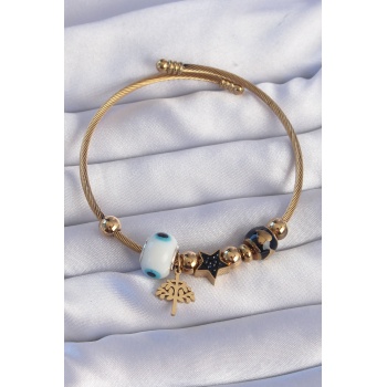 316L Çelik Gold Renk Siyah Zirkon Taşlı Yıldız Tasarımlı Ağaç Detay Nazarlı Charm Bileklik - Lisinya