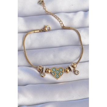 316L Çelik Gold Renk Zirkon Taşlı Nazarlı Kalp Tasarımlı Bileklik - Lisinya