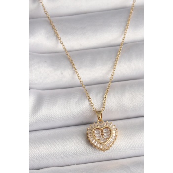 316L Çelik Gold Renk Zincir Zirkon Taşlı Kalp Model Kadın Kolye - Lisinya