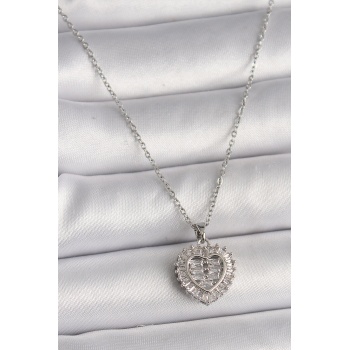 316L Çelik Gümüş Renk Zincir Zirkon Taşlı Kalp Model Kadın Kolye - Lisinya