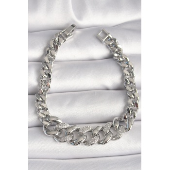 Pirinç Gümüş Renk Zirkon Taşlı Kalın Halka Model Kadın Bileklik - Lisinya