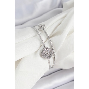 Pirinç Gümüş Renk Zirkon Taşlı Yonca Model 2li Kadın Bileklik - Lisinya