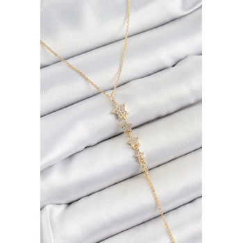 Pirinç Zirkon Taşlı Sıralı Yıldız Figürlü Y Model Gold Renk Kadın Kolye - Lisinya