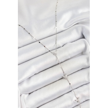 Pirinç Zirkon Taşlı Sıralı Kelebek Figürlü Y Model Gümüş Renk Kadın Kolye - Lisinya