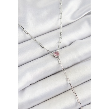 Pirinç Zirkon Taşlı Pembe Kalp Figürlü Y Model Gümüş Renk Kadın Kolye - Lisinya