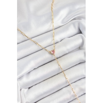 Pirinç Zirkon Taşlı Pembe Kalp Figürlü Y Model Gold Renk Kadın Kolye - Lisinya