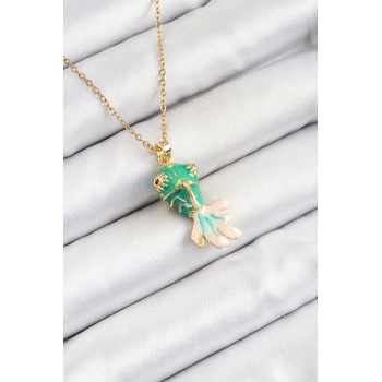 316L Çelik Zincir Yeşil Balık Model Gold Renk Kadın Kolye - Lisinya
