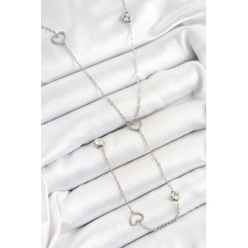 316L Çelik Zirkon Taşlı Kalp Figürlü Y Model Gümüş Renk Kadın Kolye - Lisinya