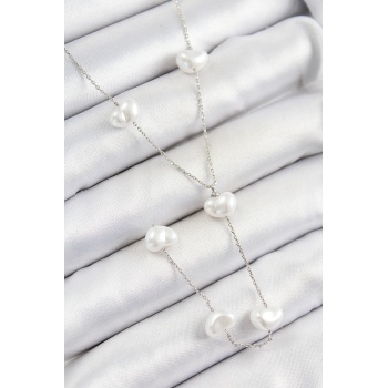 Pirinç İncili Kalp Figürlü Y Model Gümüş Renk Kadın Kolye - Lisinya