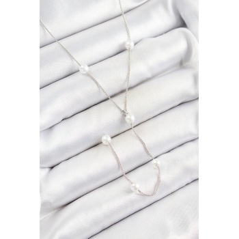 Pirinç İnci Figürlü Y Model Gümüş Renk Kadın Kolye - Lisinya