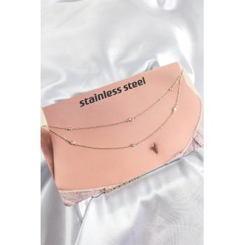 316L Çelik Zirkon Taşlı Damla Model Gold Renk Göbek Bel Zinciri - Lisinya