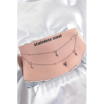 316L Çelik Zirkon Taşlı Kutup Yıldızı Model Gümüş Renk Göbek Bel Zinciri - Lisinya