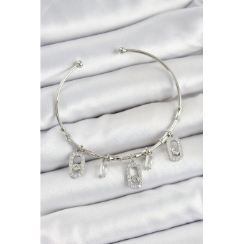 Pirinç Zirkon Taşlı Dikdörtgen Model Gümüş Renk Charm Bileklik - Lisinya